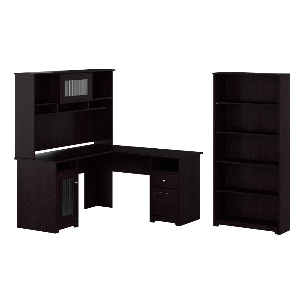 Shop Bush Furniture Cabot 60W L Shaped Computer Desk with Hutch and 5 Shelf Bookcase, Image 01, CAB011EPO, #color_espresso oak