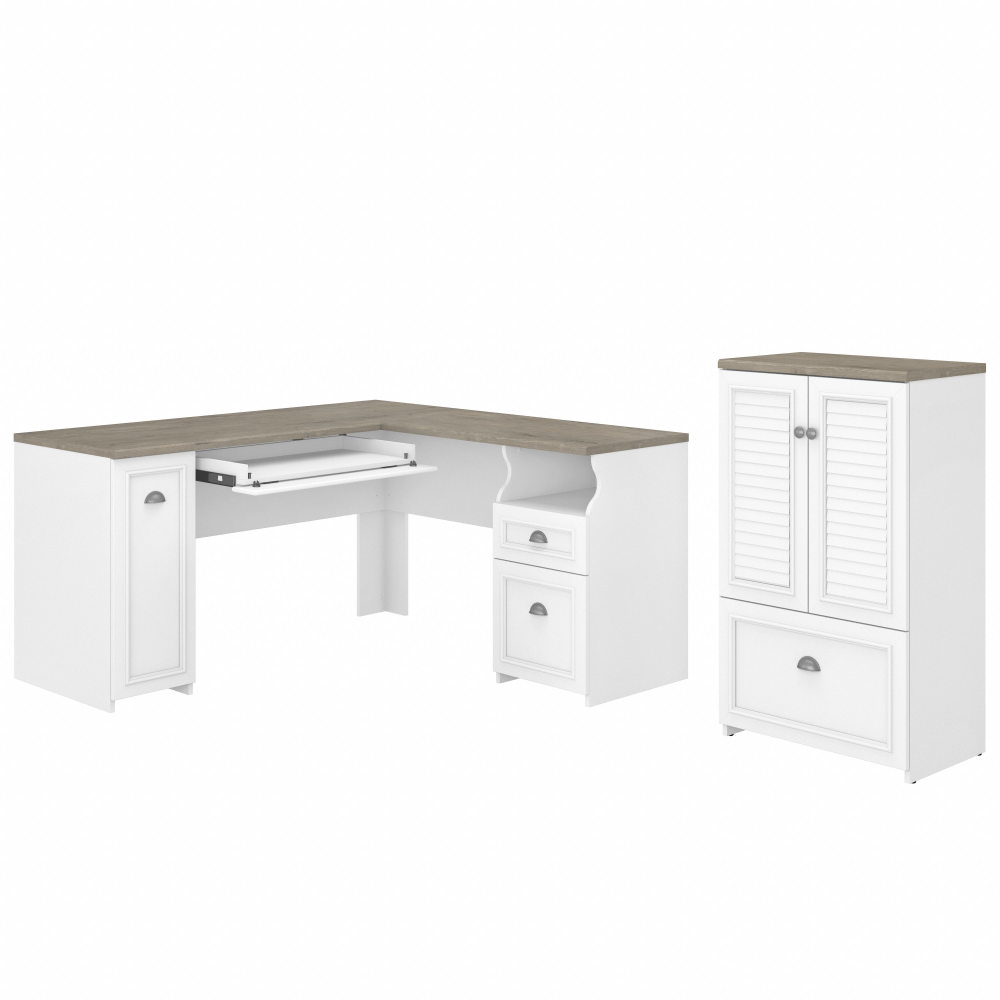 Shop Bush Furniture Fairview 60W L Shaped Desk and 2 Door Storage Cabinet with File Drawer, Image 01, FV009G2W, #color_shiplap gray/pure white