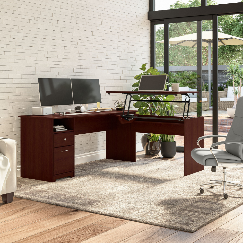 Shop Bush Furniture Cabot 72W 3 Position Sit to Stand L Shaped Desk, Image 02, CAB050HVC, #color_harvest cherry