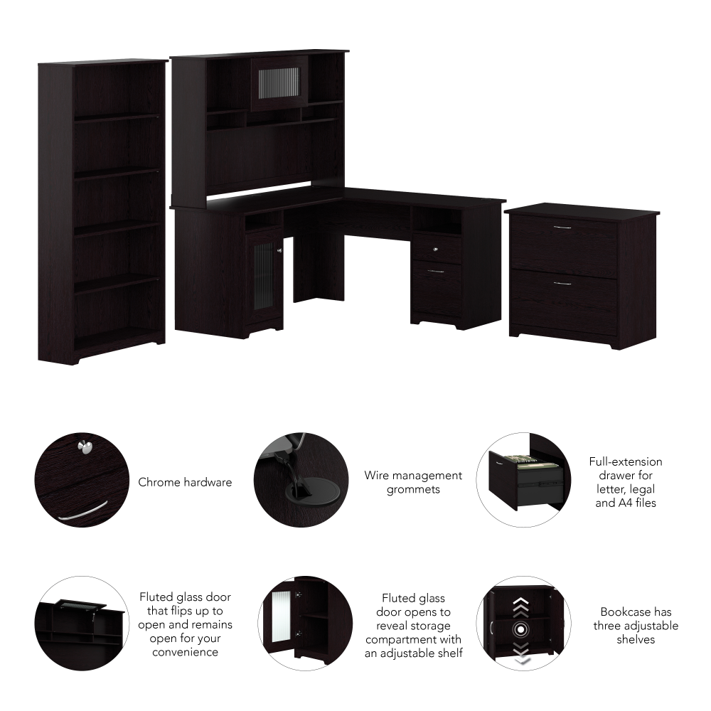 Shop Bush Furniture Cabot 60W L Shaped Computer Desk with Hutch, File Cabinet and Bookcase, Image 06, CAB010EPO, #color_espresso oak