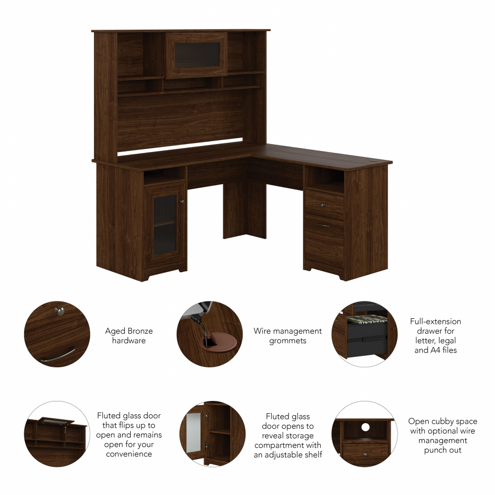 Shop Bush Furniture Cabot 60W L Shaped Computer Desk with Hutch and Storage, Image 06, CAB001MW, #color_modern walnut