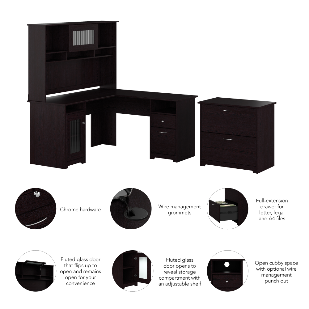 Shop Bush Furniture Cabot 60W L Shaped Computer Desk with Hutch and Lateral File Cabinet, Image 06, CAB005EPO, #color_espresso oak