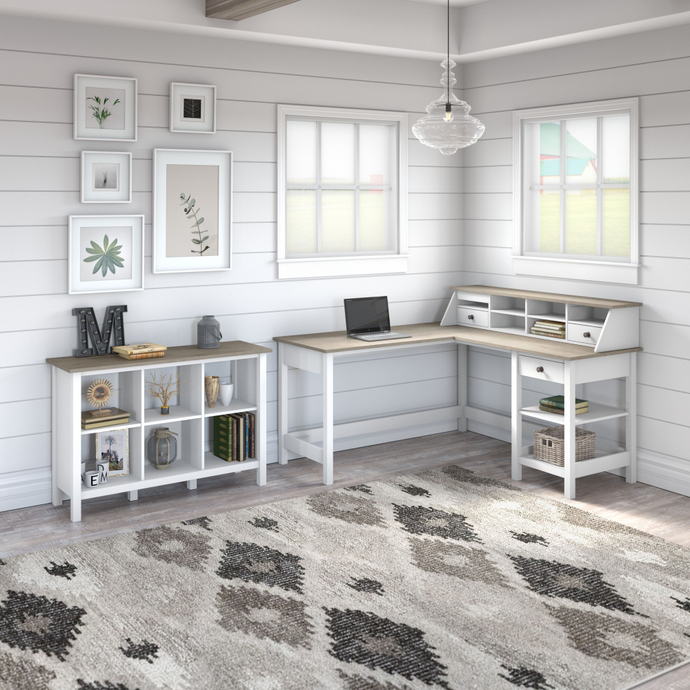 Shop Bush Furniture Mayfield 60W L Shaped Computer Desk with Desktop Organizer and 6 Cube Bookcase, Image 02, MAY013GW2, #color_shiplap gray/pure white