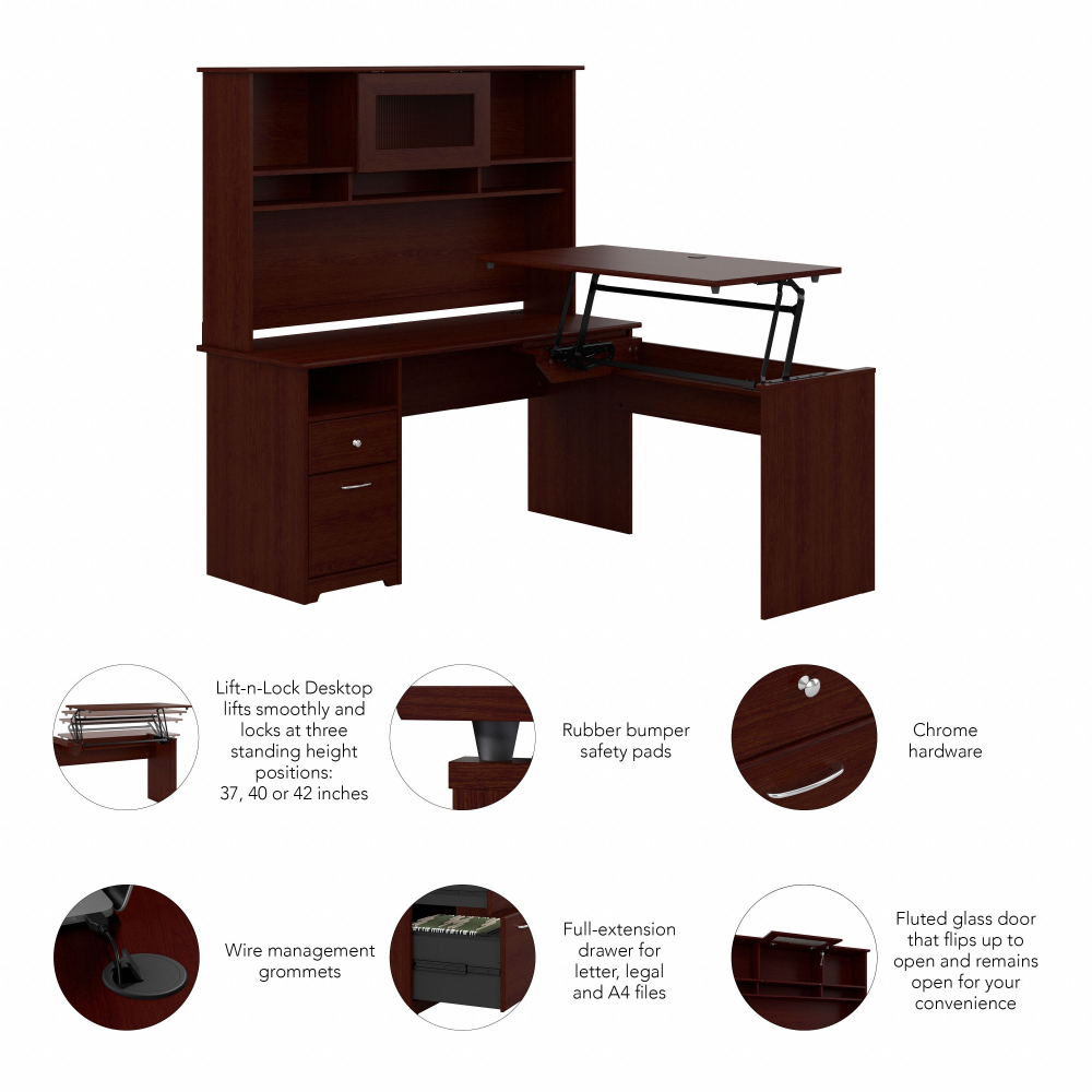 Shop Bush Furniture Cabot 60W 3 Position Sit to Stand L Shaped Desk with Hutch, Image 08, CAB045HVC, #color_harvest cherry