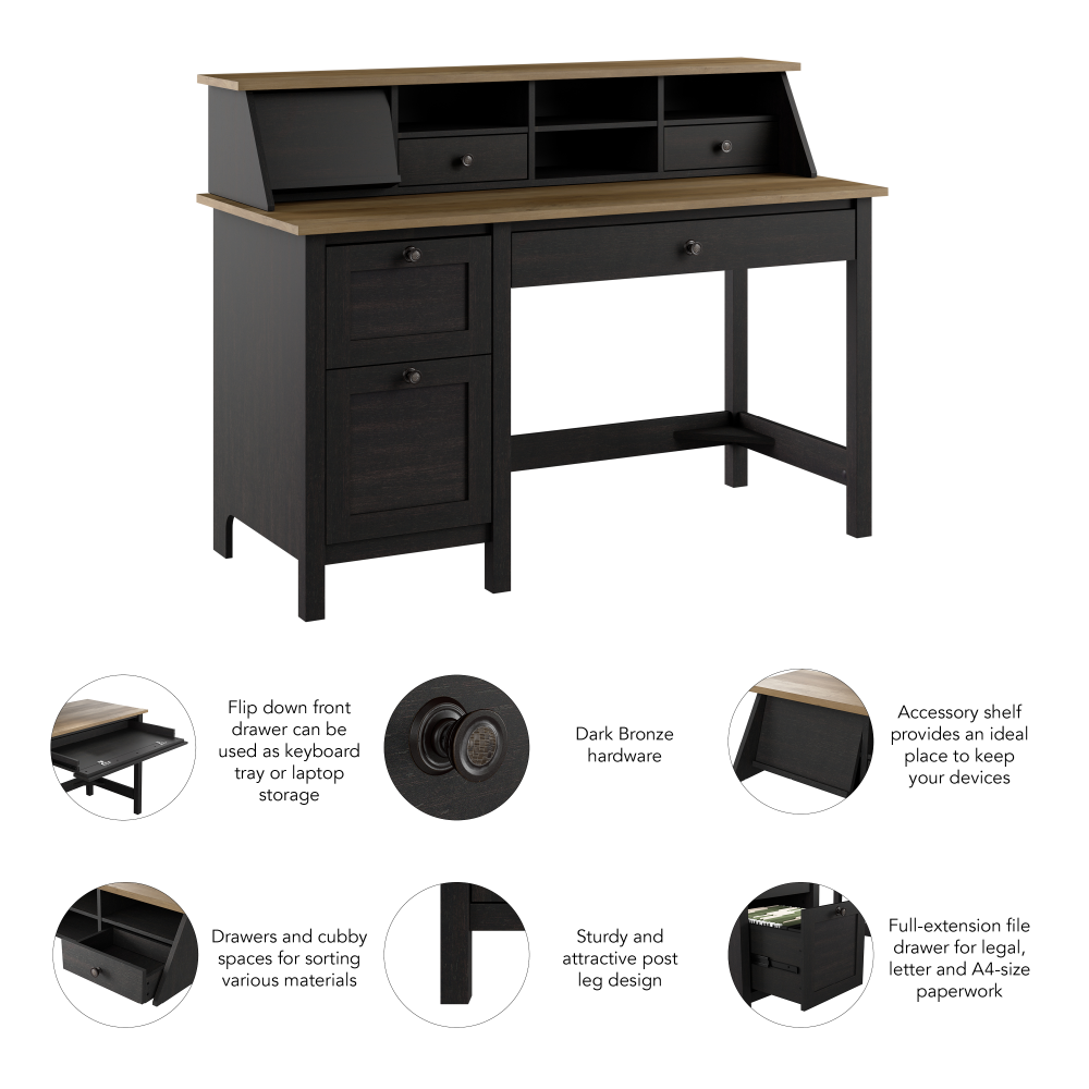 Shop Bush Furniture Mayfield 54W Computer Desk with Drawers and Desktop Organizer, Image 07, MAY003V2P, #color_vintage black/reclaimed pine