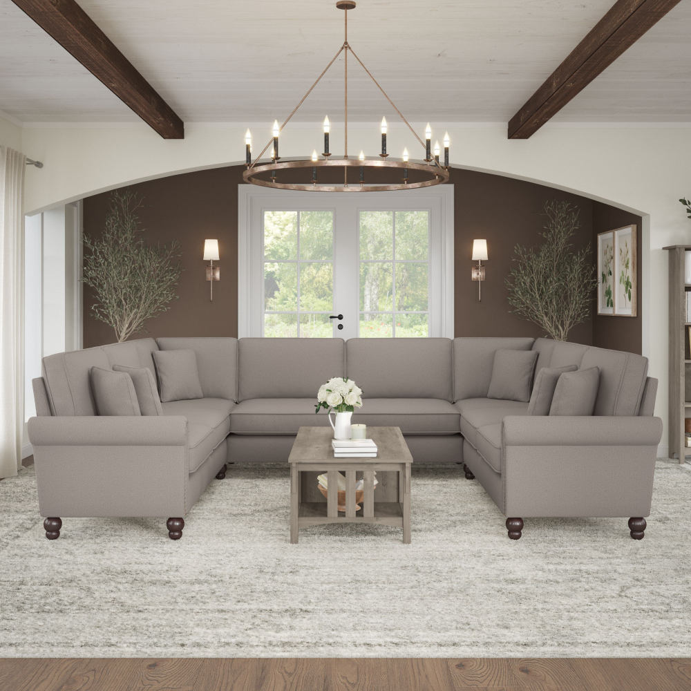 Shop Bush Furniture Coventry 125W U Shaped Sectional Couch, Image 02, CVY123BBGH-03K, #color_beige herringbone fabric
