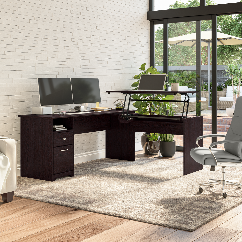 Shop Bush Furniture Cabot 72W 3 Position Sit to Stand L Shaped Desk, Image 02, CAB050EPO, #color_espresso oak