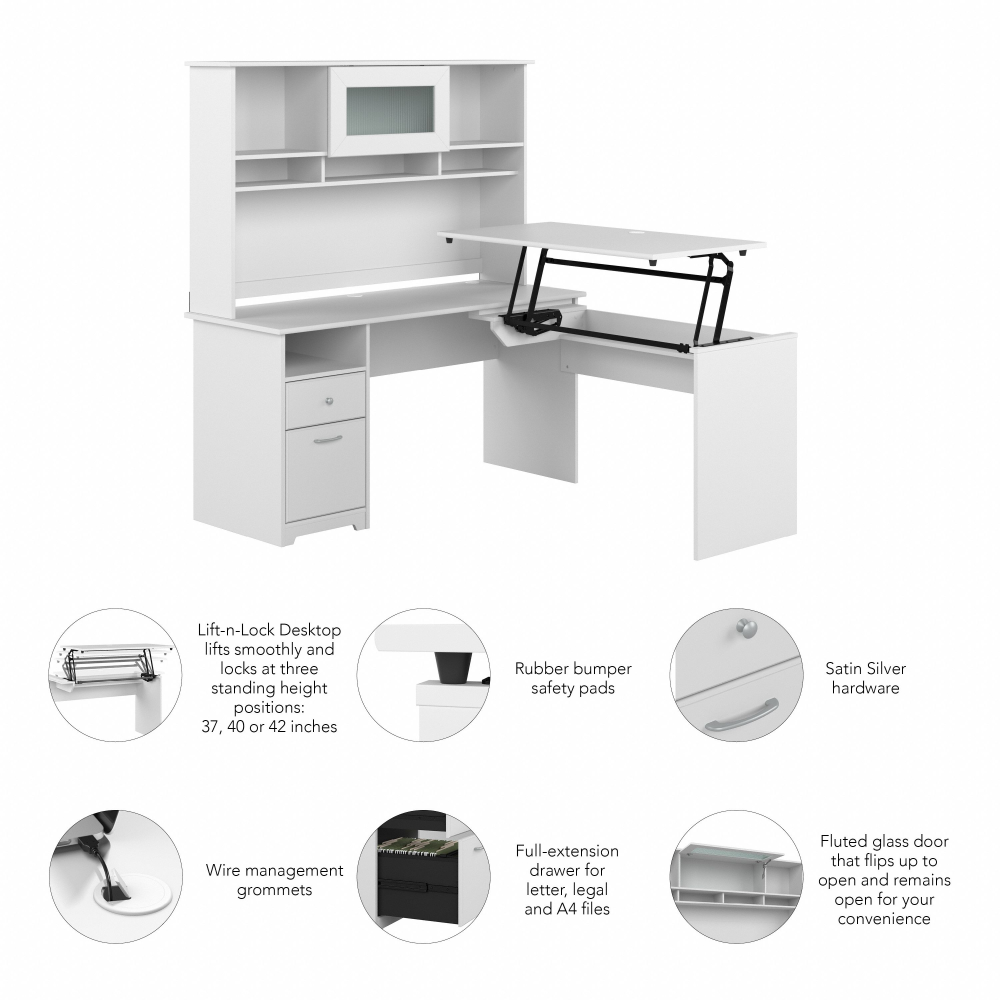 Shop Bush Furniture Cabot 60W 3 Position Sit to Stand L Shaped Desk with Hutch, Image 08, CAB045WHN, #color_white