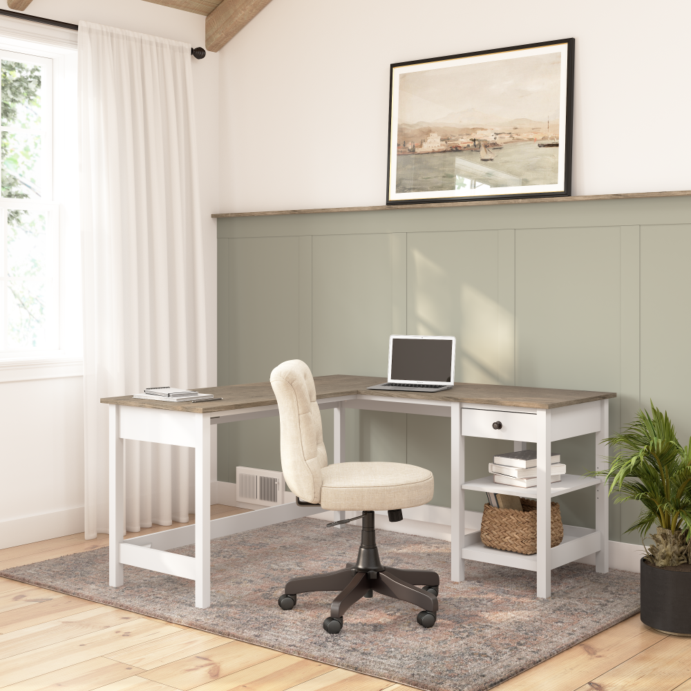 Shop Bush Furniture Mayfield 60W L Shaped Computer Desk with Storage, Image 02, MAD260GW2-03, #color_shiplap gray/pure white