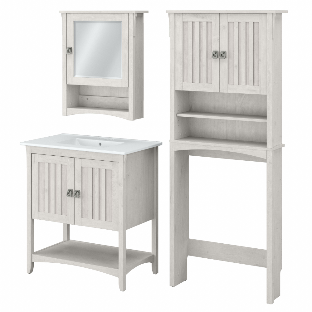 Shop Bush Furniture Salinas 32W Bathroom Vanity Sink with Mirror and Over The Toilet Storage Cabinet, Image 01, SAL023LW, #color_linen white oak
