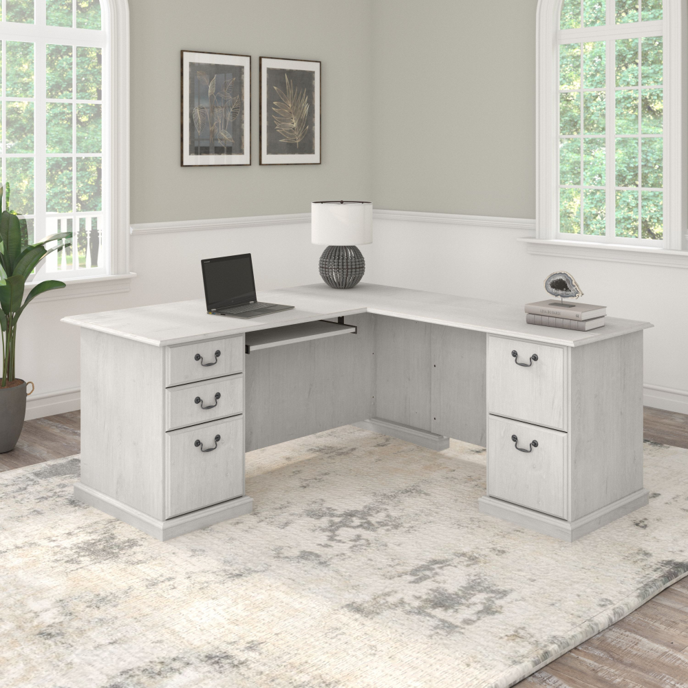 Shop Bush Furniture Saratoga L Shaped Computer Desk with Drawers, Image 02, EX45770-03K, #color_linen white oak