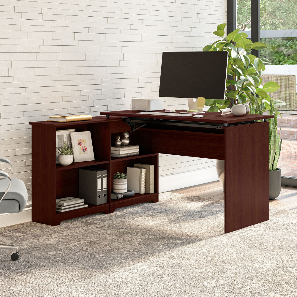 Shop Bush Furniture Cabot 52W 3 Position Sit to Stand Corner Bookshelf Desk, Image 04, WC31416-03, #color_harvest cherry