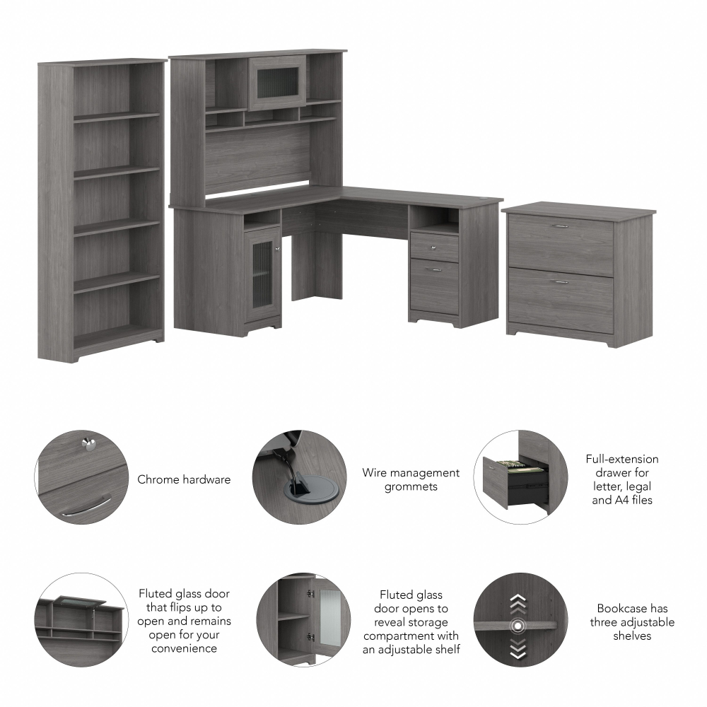 Shop Bush Furniture Cabot 60W L Shaped Computer Desk with Hutch, File Cabinet and Bookcase, Image 06, CAB010MG, #color_modern gray