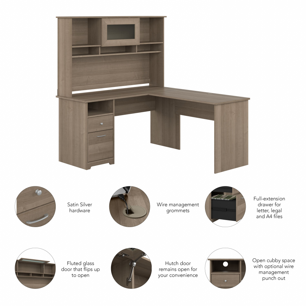 Shop Bush Furniture Cabot 60W L Shaped Computer Desk with Hutch and Drawers, Image 06, CAB046AG, #color_ash gray