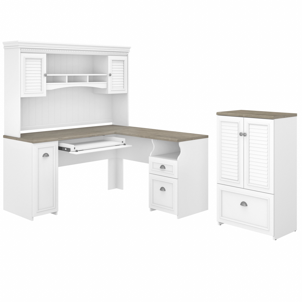 Shop Bush Furniture Fairview 60W L Shaped Desk with Hutch and Storage Cabinet with File Drawer, Image 01, FV010G2W, #color_shiplap gray/pure white