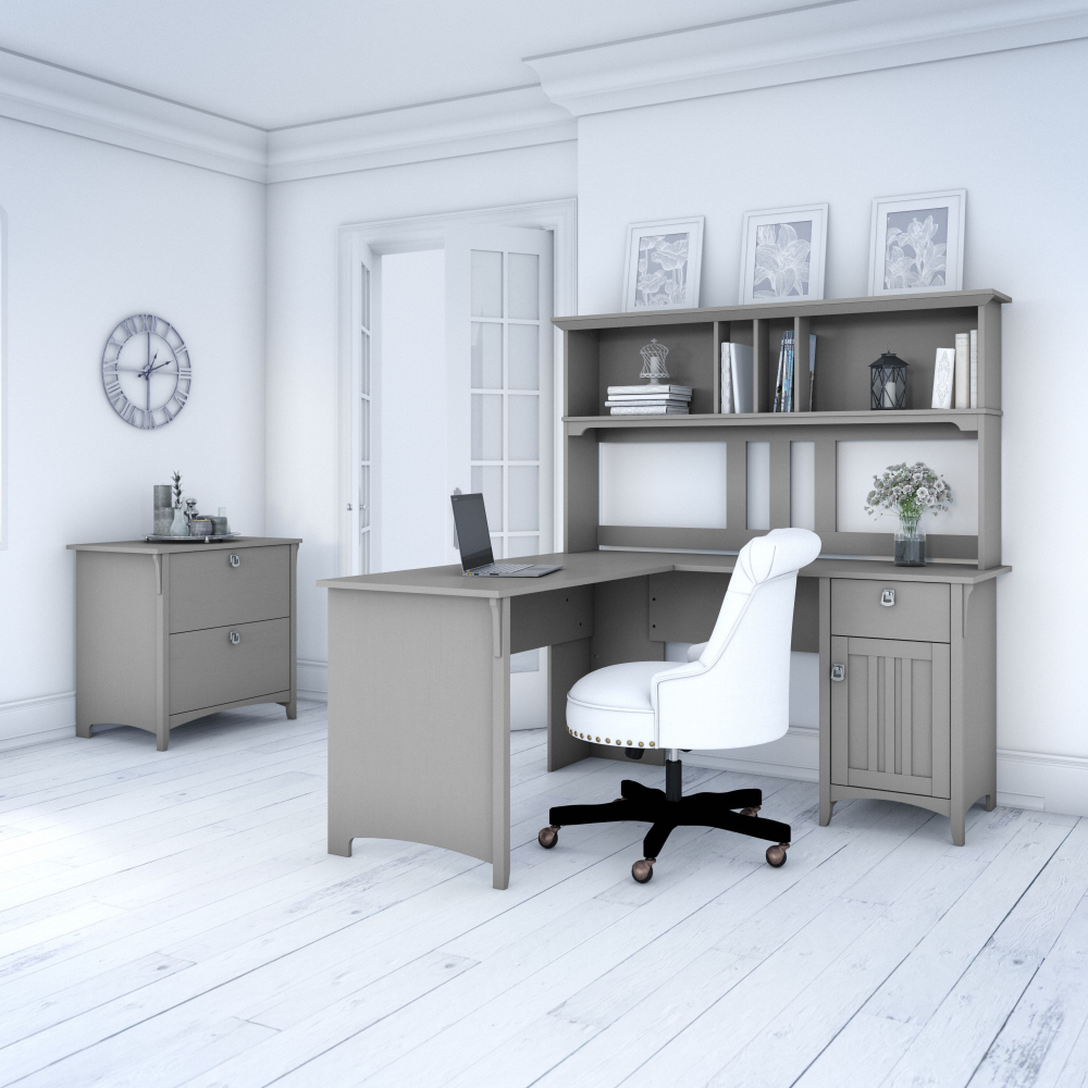 Shop Bush Furniture Salinas 60W L Shaped Desk with Hutch and Lateral File Cabinet, Image 02, SAL005CG, #color_cape cod gray