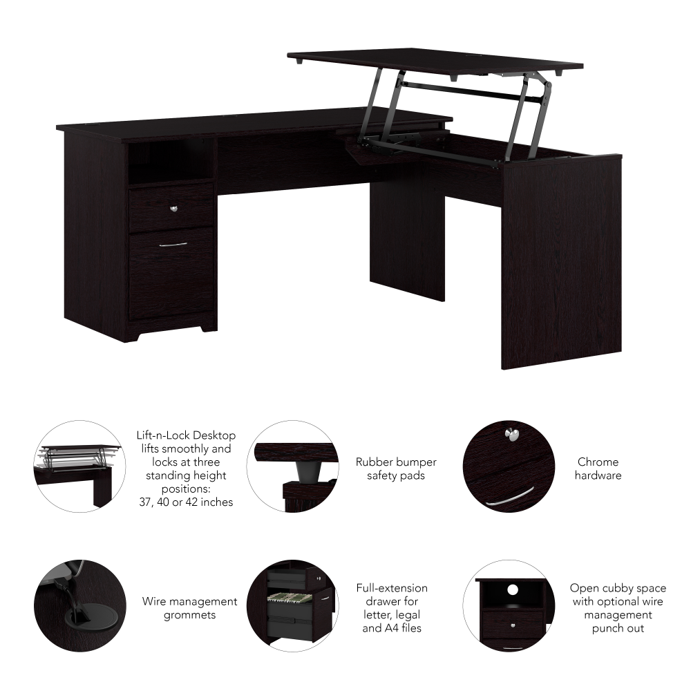 Shop Bush Furniture Cabot 60W 3 Position Sit to Stand L Shaped Desk, Image 08, CAB043EPO, #color_espresso oak