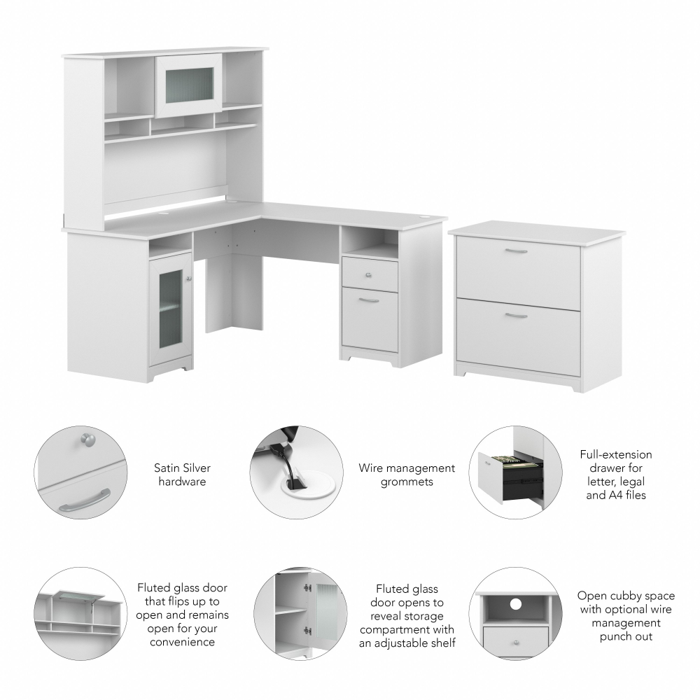 Shop Bush Furniture Cabot 60W L Shaped Computer Desk with Hutch and Lateral File Cabinet, Image 06, CAB005WHN, #color_white