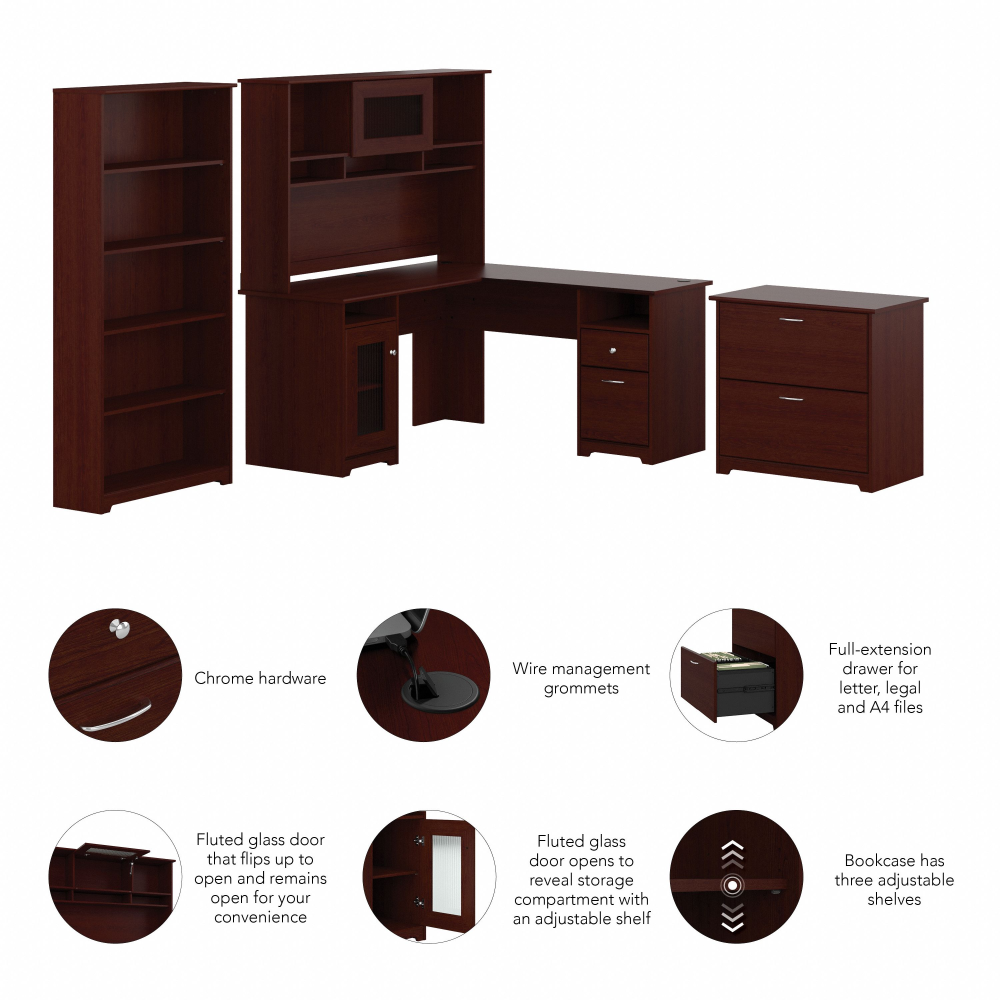 Shop Bush Furniture Cabot 60W L Shaped Computer Desk with Hutch, File Cabinet and Bookcase, Image 06, CAB010HVC, #color_harvest cherry