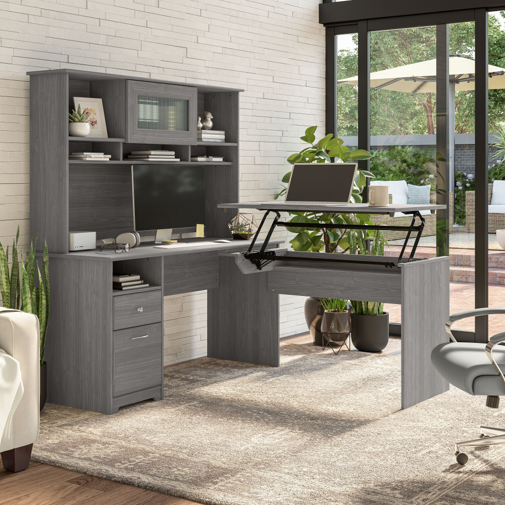 Shop Bush Furniture Cabot 60W 3 Position Sit to Stand L Shaped Desk with Hutch, Image 02, CAB045MG, #color_modern gray