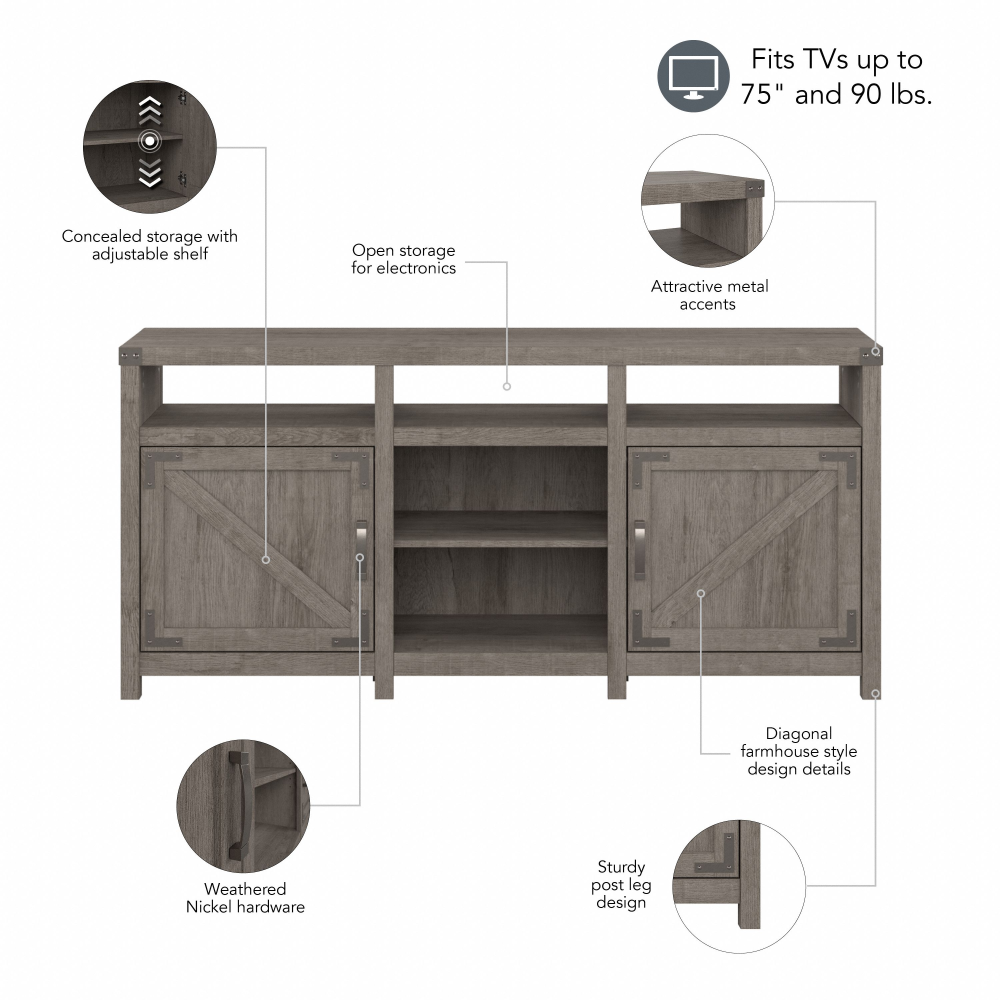 Shop Bush Furniture Knoxville 65W Farmhouse TV Stand for 75 Inch TV, Image 08, CGV265RTG-03, #color_restored gray