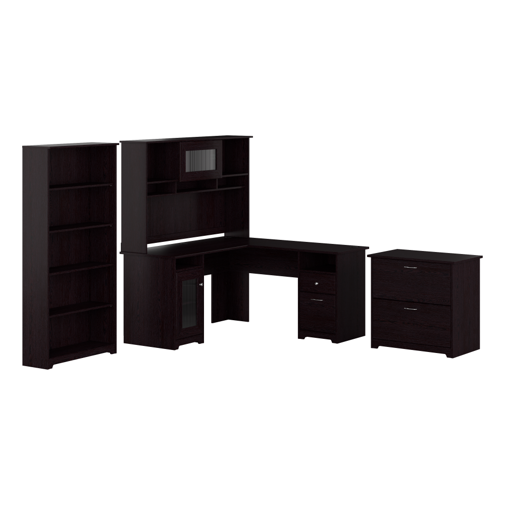 Shop Bush Furniture Cabot 60W L Shaped Computer Desk with Hutch, File Cabinet and Bookcase, Image 01, CAB010EPO, #color_espresso oak