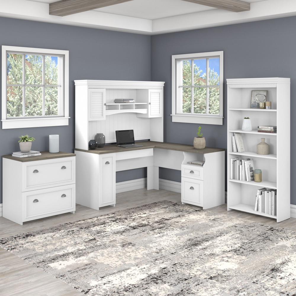 Shop Bush Furniture Fairview 60W L Shaped Desk with Hutch, Lateral File Cabinet and 5 Shelf Bookcase, Image 02, FV006G2W, #color_shiplap gray/pure white