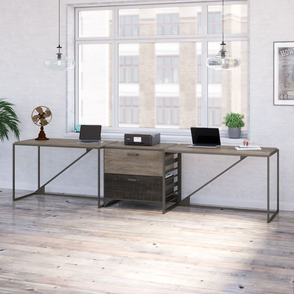 Shop Bush Furniture Refinery 2 Person Industrial Desk Set with Lateral File Cabinet, Image 02, RFY019RG, #color_rustic gray/charred wood