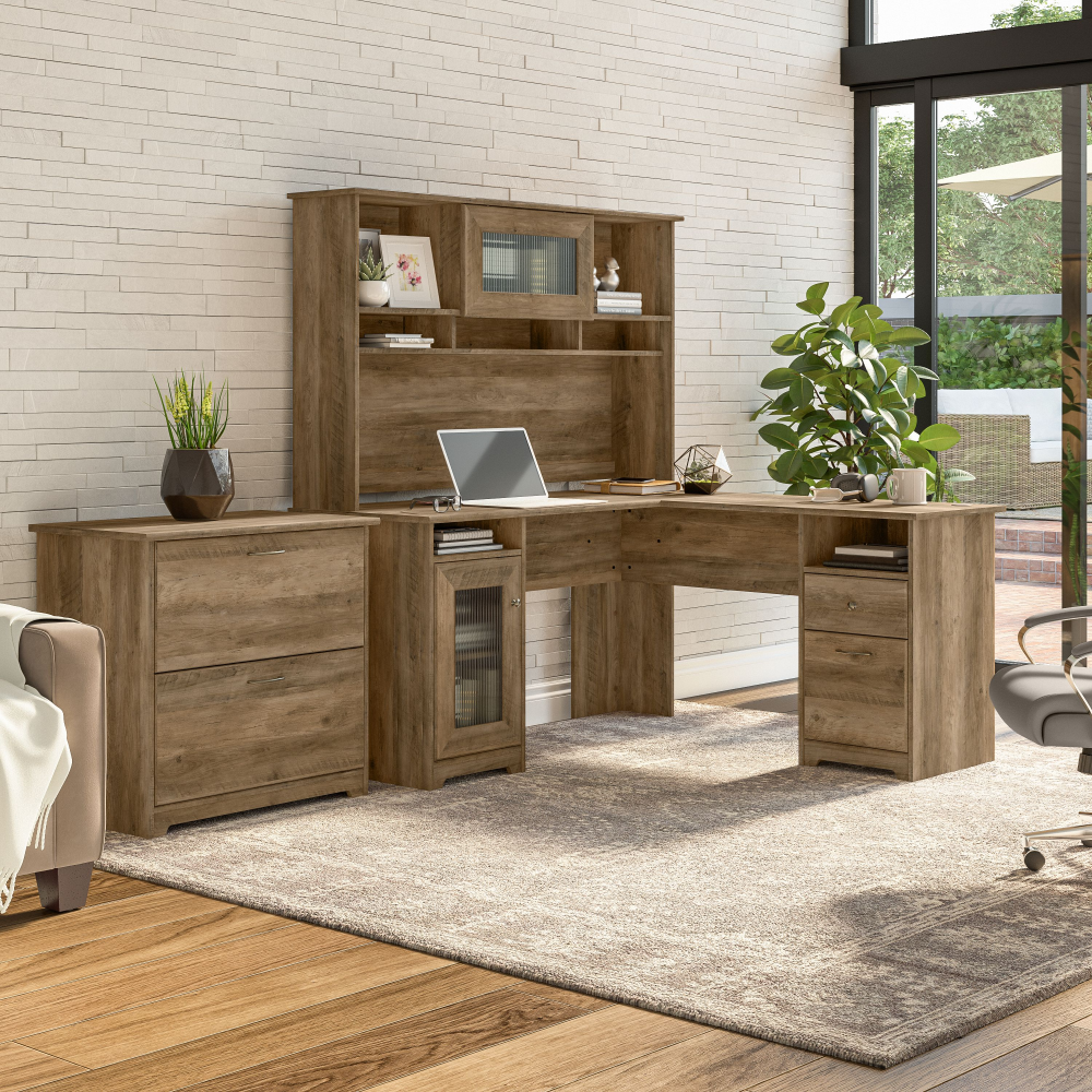 Shop Bush Furniture Cabot 60W L Shaped Computer Desk with Hutch and Lateral File Cabinet, Image 02, CAB005RCP, #color_reclaimed pine