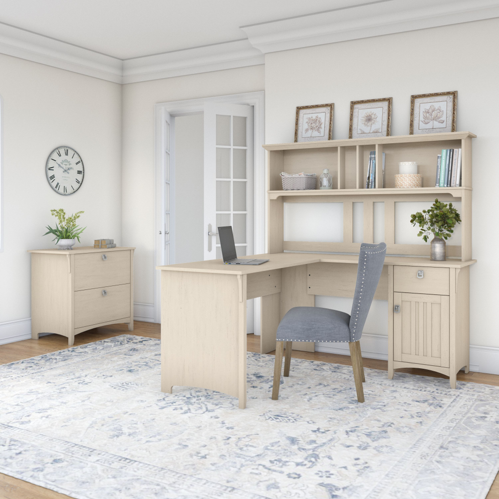Shop Bush Furniture Salinas 60W L Shaped Desk with Hutch and Lateral File Cabinet, Image 02, SAL005AW, #color_antique white
