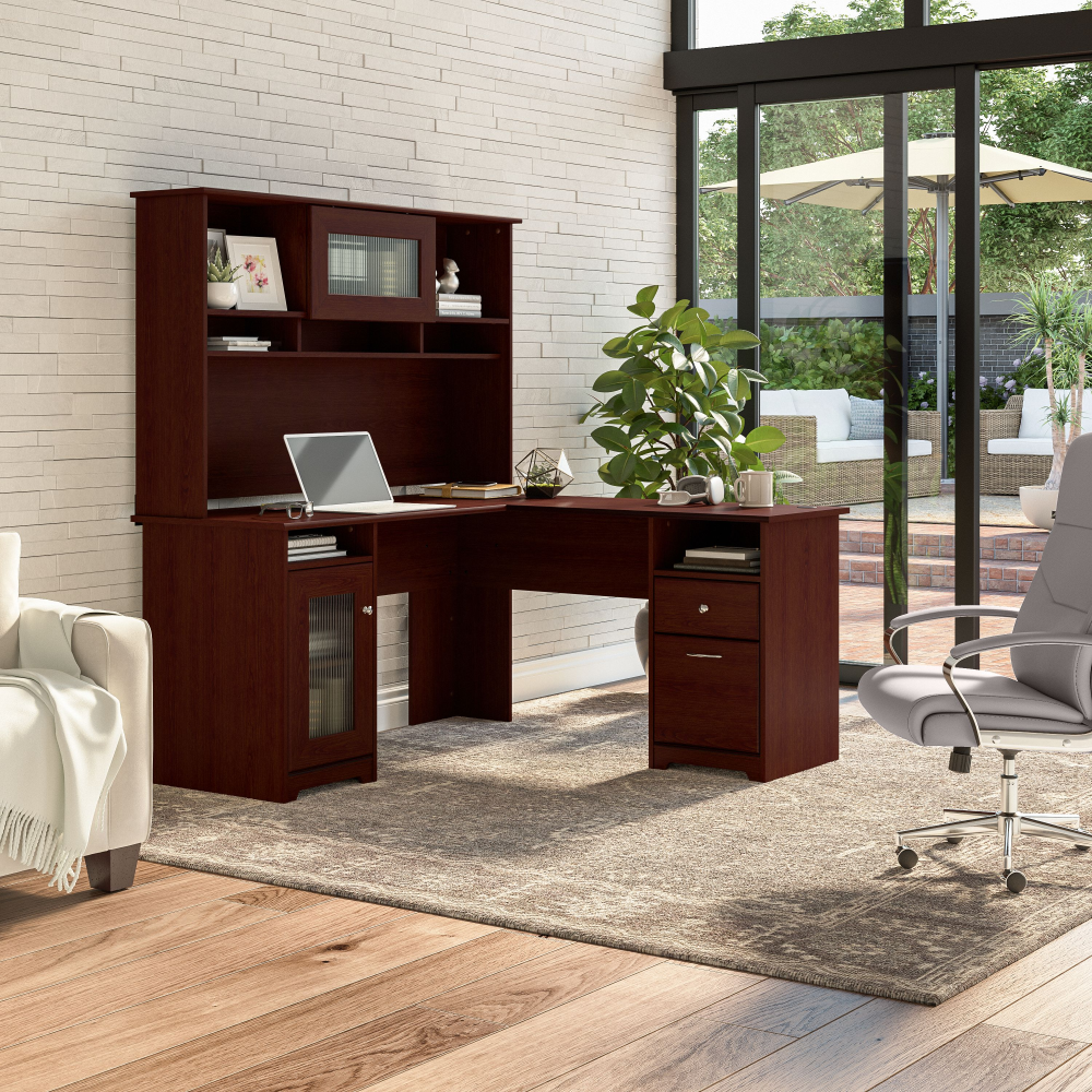Shop Bush Furniture Cabot 60W L Shaped Computer Desk with Hutch and Storage, Image 02, CAB001HVC, #color_harvest cherry