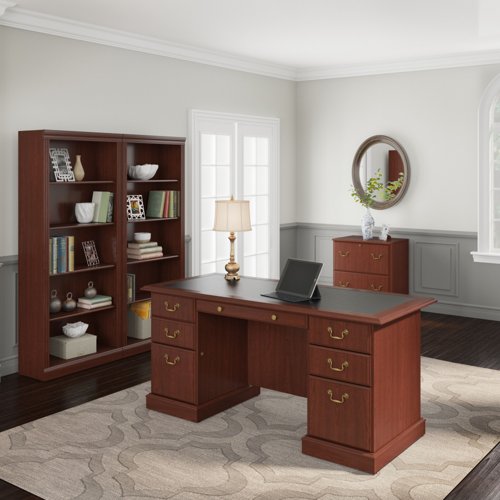 Shop Bush Furniture Saratoga Executive Desk with File Cabinet and Bookcase Set, Image 02, SAR001CS, #color_harvest cherry