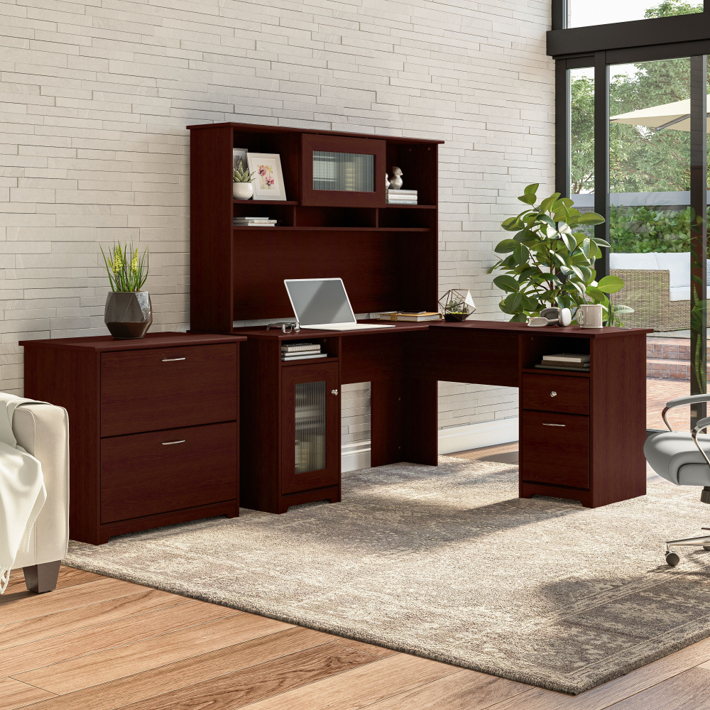 Shop Bush Furniture Cabot 60W L Shaped Computer Desk with Hutch and Lateral File Cabinet, Image 02, CAB005HVC, #color_harvest cherry