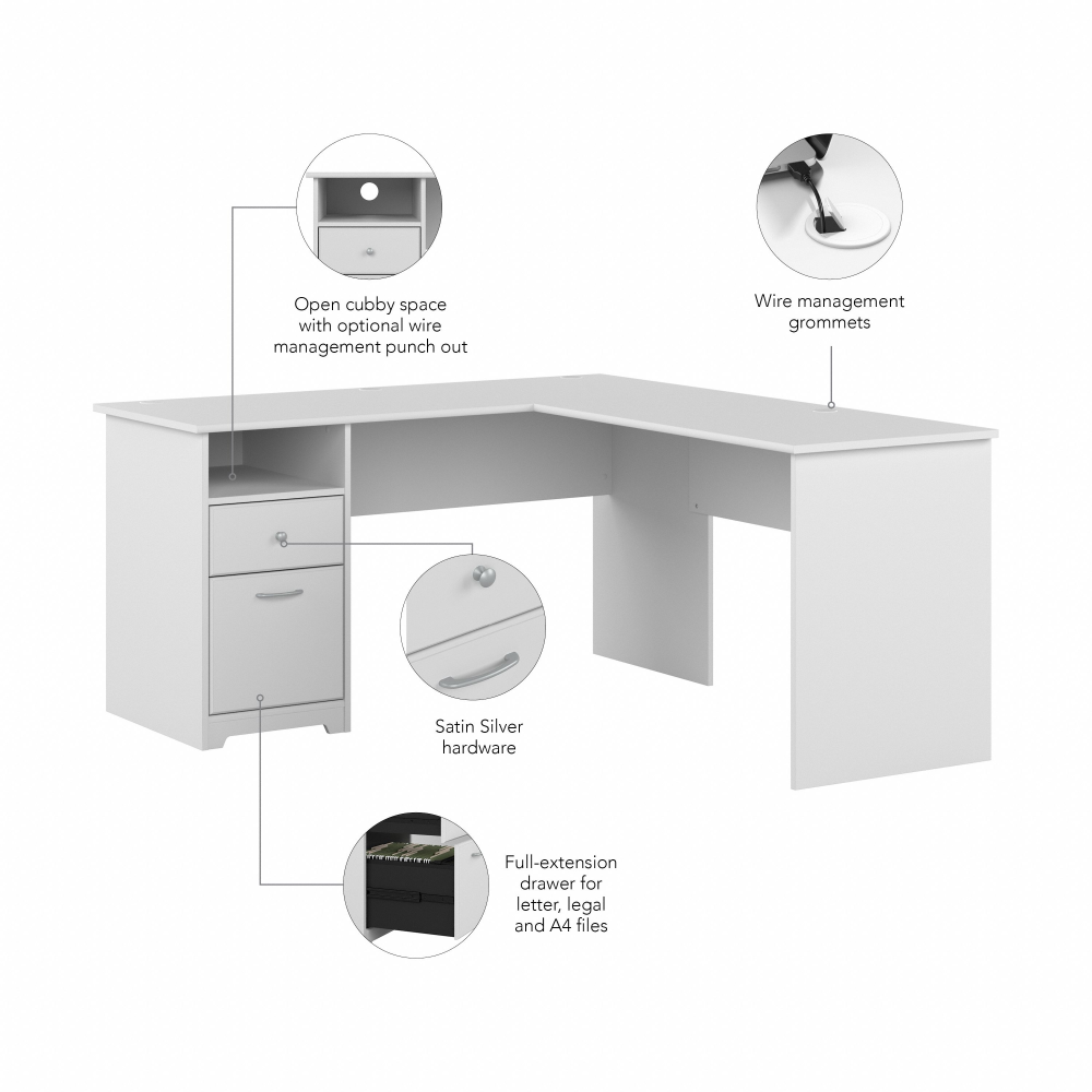 Shop Bush Furniture Cabot 60W L Shaped Computer Desk with Drawers, Image 06, CAB044WHN, #color_white