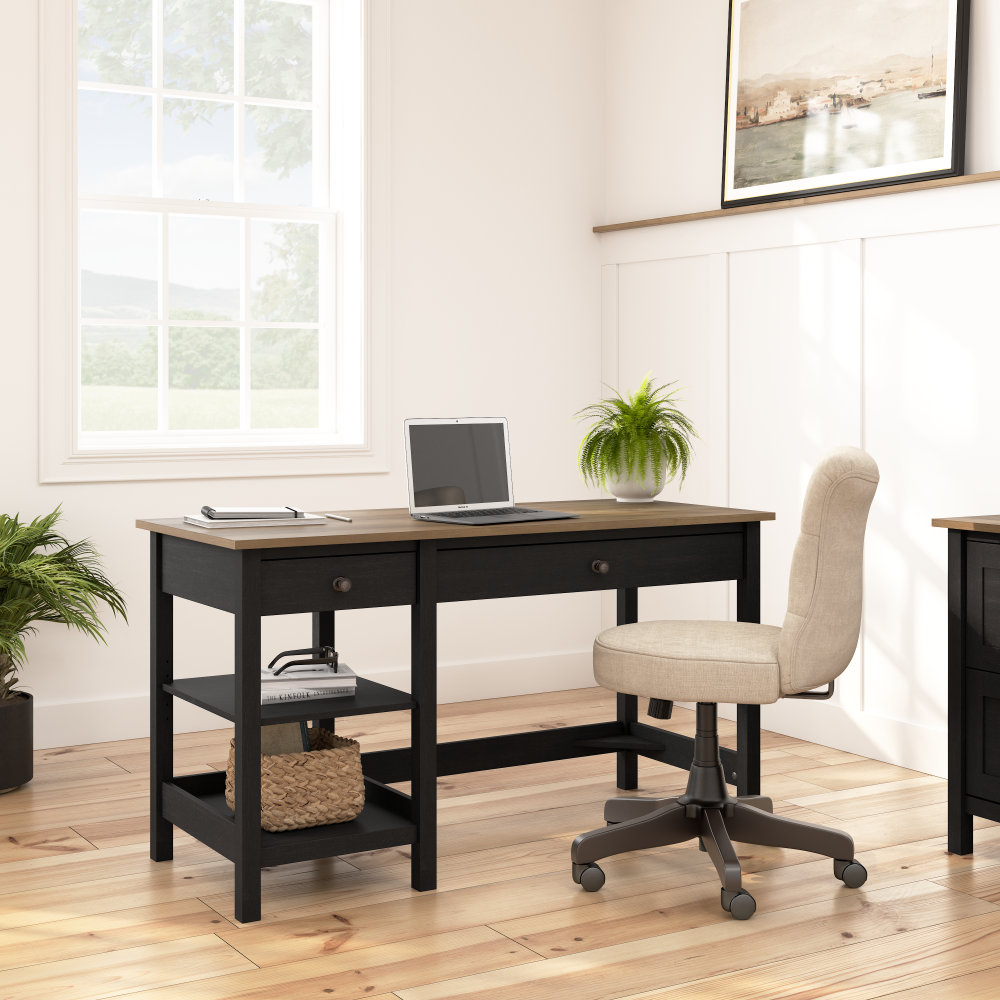 Shop Bush Furniture Mayfield 54W Computer Desk with Shelves, Image 02, MAD154V2P-03, #color_vintage black/reclaimed pine