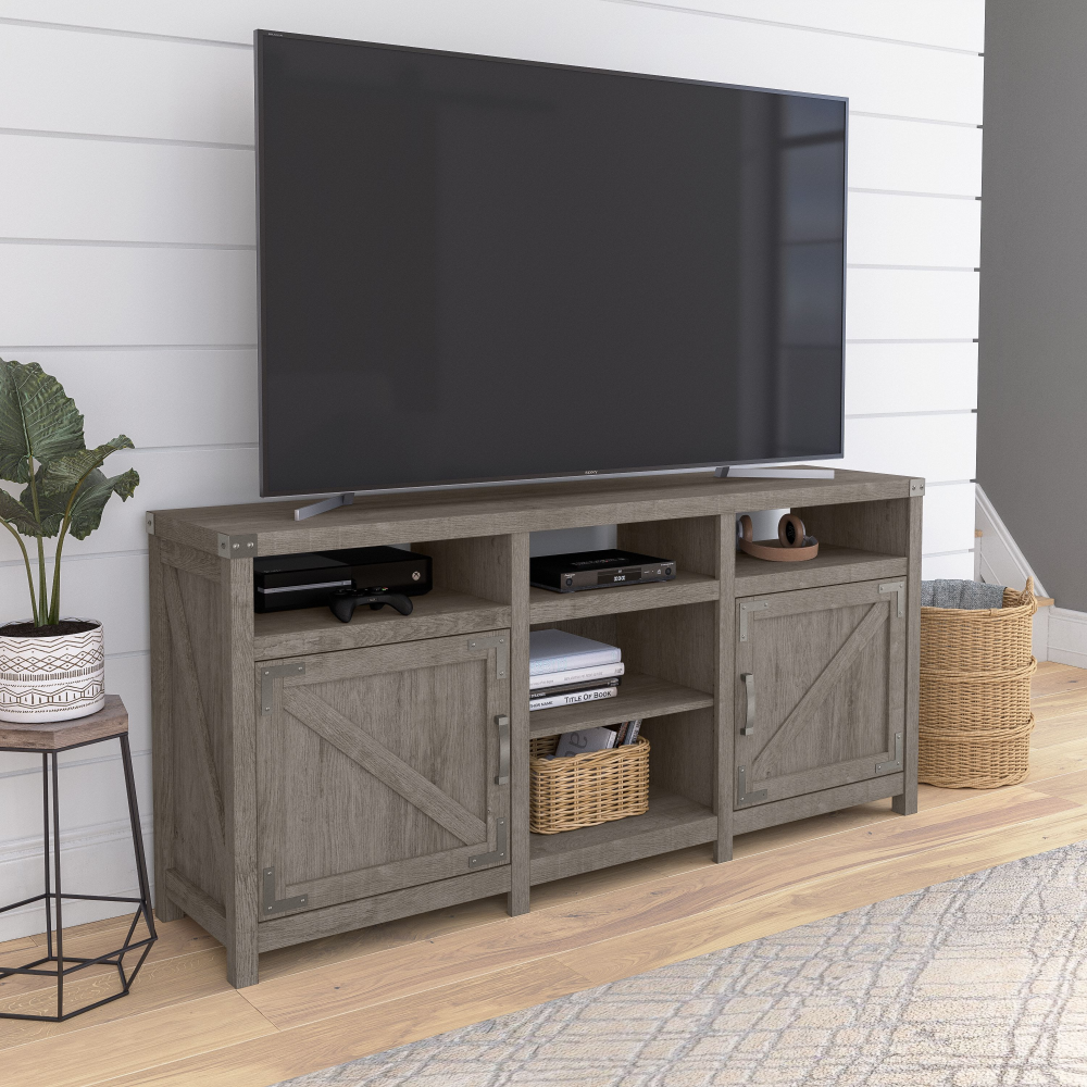 Shop Bush Furniture Knoxville 65W Farmhouse TV Stand for 75 Inch TV, Image 02, CGV265RTG-03, #color_restored gray