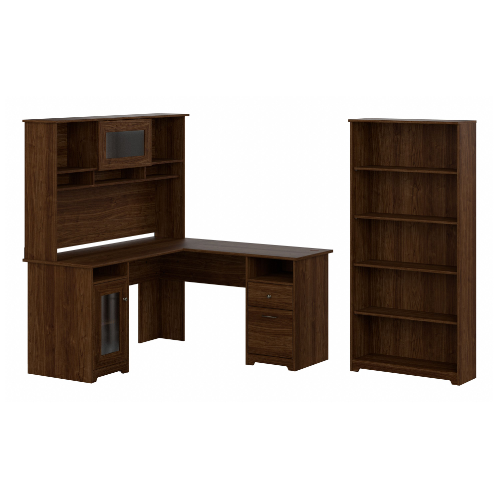 Shop Bush Furniture Cabot 60W L Shaped Computer Desk with Hutch and 5 Shelf Bookcase, Image 01, CAB011MW, #color_modern walnut
