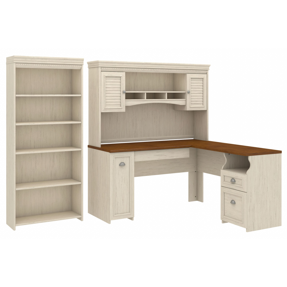 Shop Bush Furniture Fairview 60W L Shaped Desk with Hutch and 5 Shelf Bookcase, Image 01, FV005AW, #color_antique white