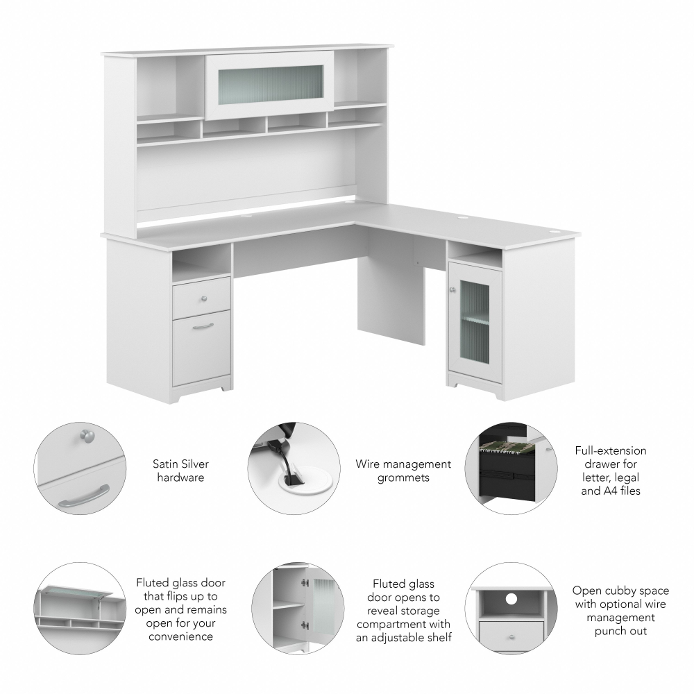 Shop Bush Furniture Cabot 72W L Shaped Computer Desk with Hutch and Storage, Image 06, CAB073WHN, #color_white