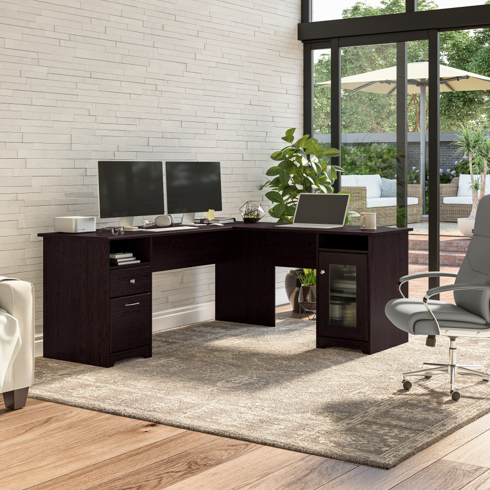 Shop Bush Furniture Cabot 72W L Shaped Computer Desk with Storage, Image 02, CAB072EPO, #color_espresso oak