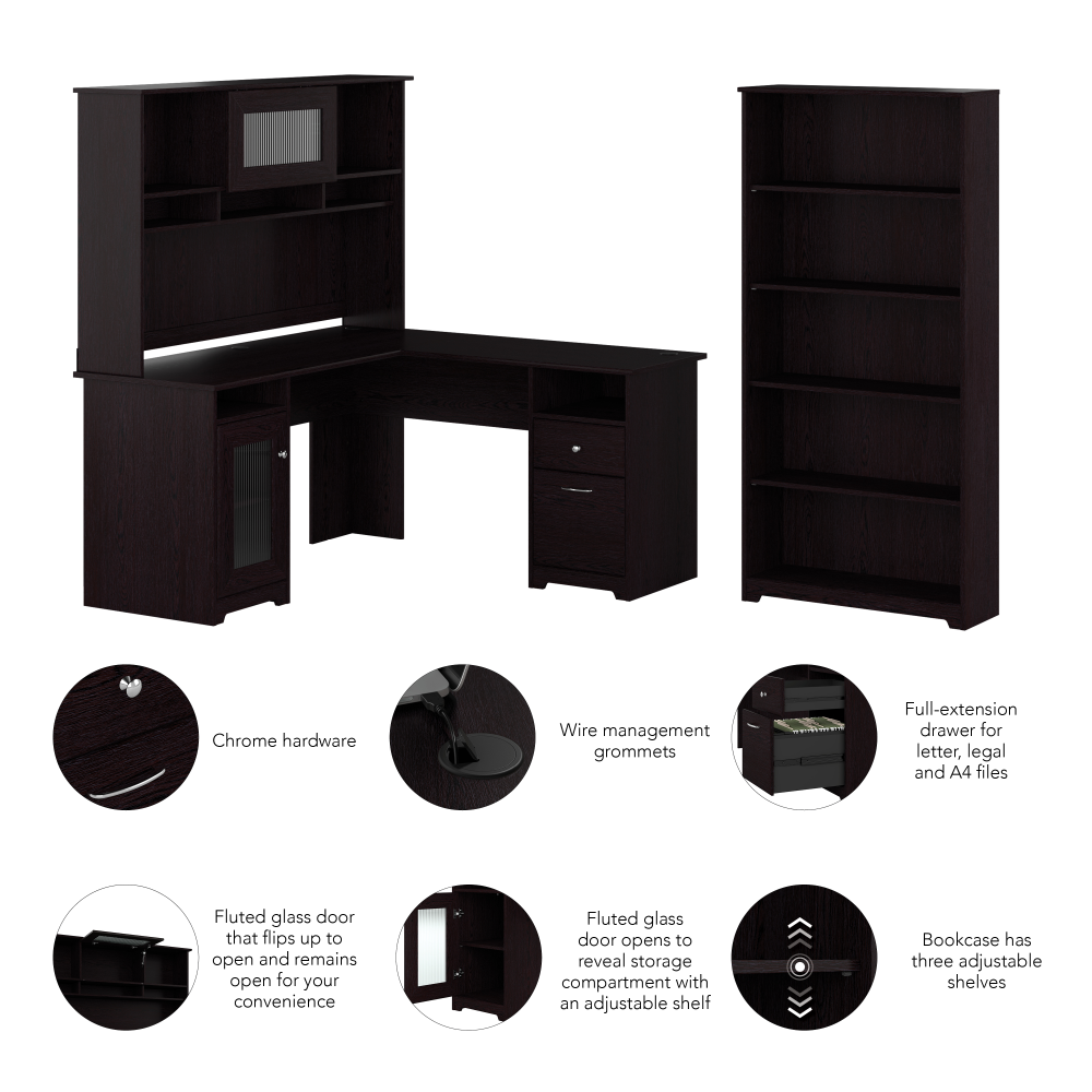 Shop Bush Furniture Cabot 60W L Shaped Computer Desk with Hutch and 5 Shelf Bookcase, Image 06, CAB011EPO, #color_espresso oak