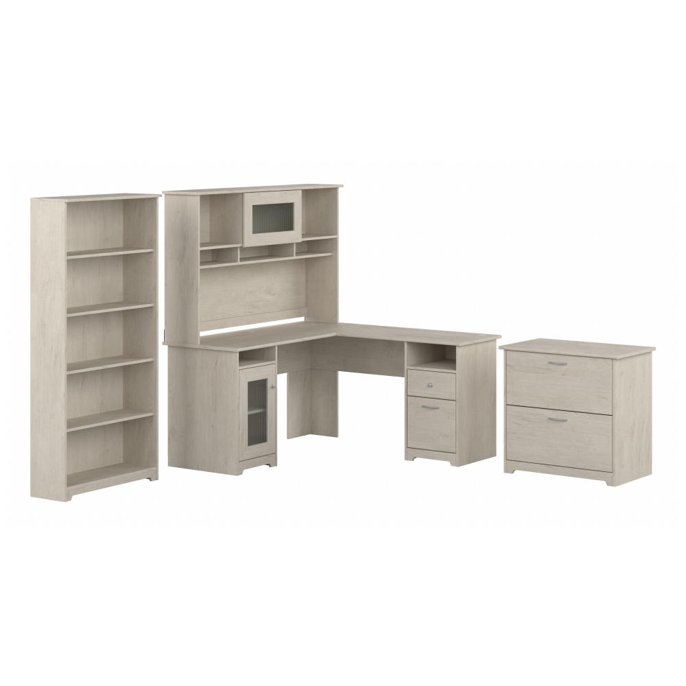 Shop Bush Furniture Cabot 60W L Shaped Computer Desk with Hutch, File Cabinet and Bookcase, Image 01, CAB010LW, #color_linen white oak