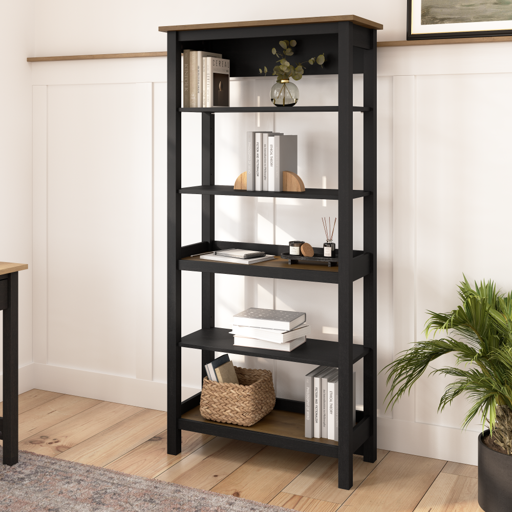 Shop Bush Furniture Mayfield Tall 5 Shelf Bookcase, Image 02, MAB132V2P-03, #color_vintage black/reclaimed pine