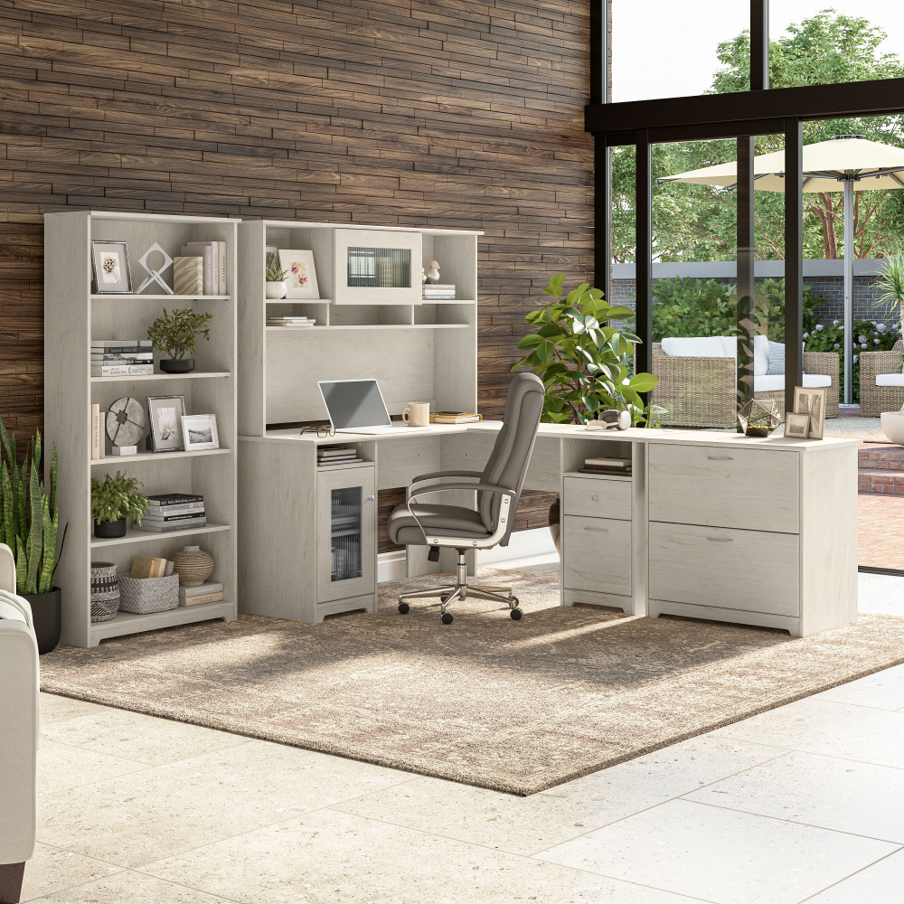 Shop Bush Furniture Cabot 60W L Shaped Computer Desk with Hutch, File Cabinet and Bookcase, Image 02, CAB010LW, #color_linen white oak