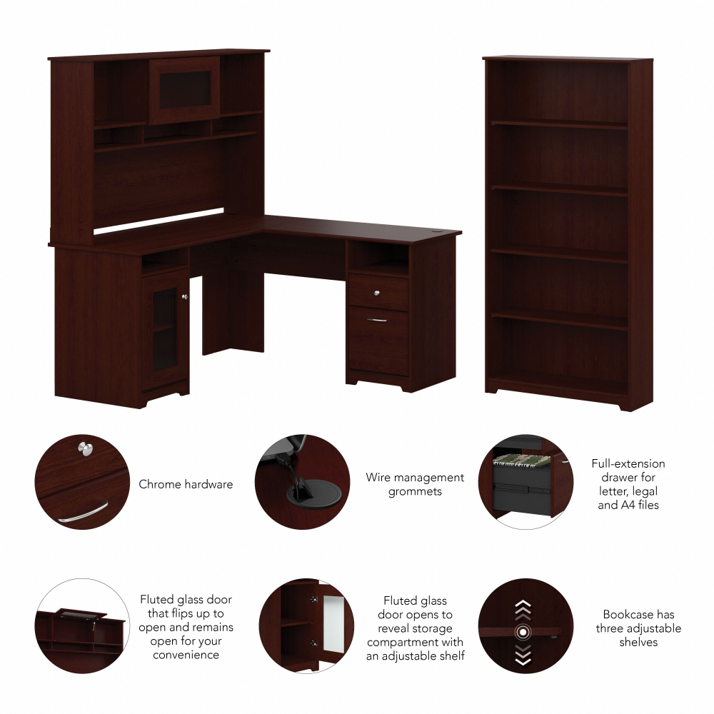 Shop Bush Furniture Cabot 60W L Shaped Computer Desk with Hutch and 5 Shelf Bookcase, Image 06, CAB011HVC, #color_harvest cherry