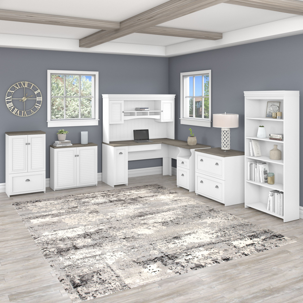 Shop Bush Furniture Fairview 60W L Shaped Desk with Hutch, Bookcase, Storage and File Cabinets, Image 02, FV014G2W, #color_shiplap gray/pure white