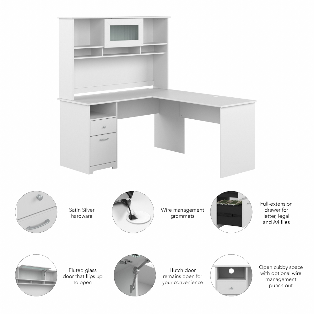 Shop Bush Furniture Cabot 60W L Shaped Computer Desk with Hutch and Drawers, Image 06, CAB046WHN, #color_white