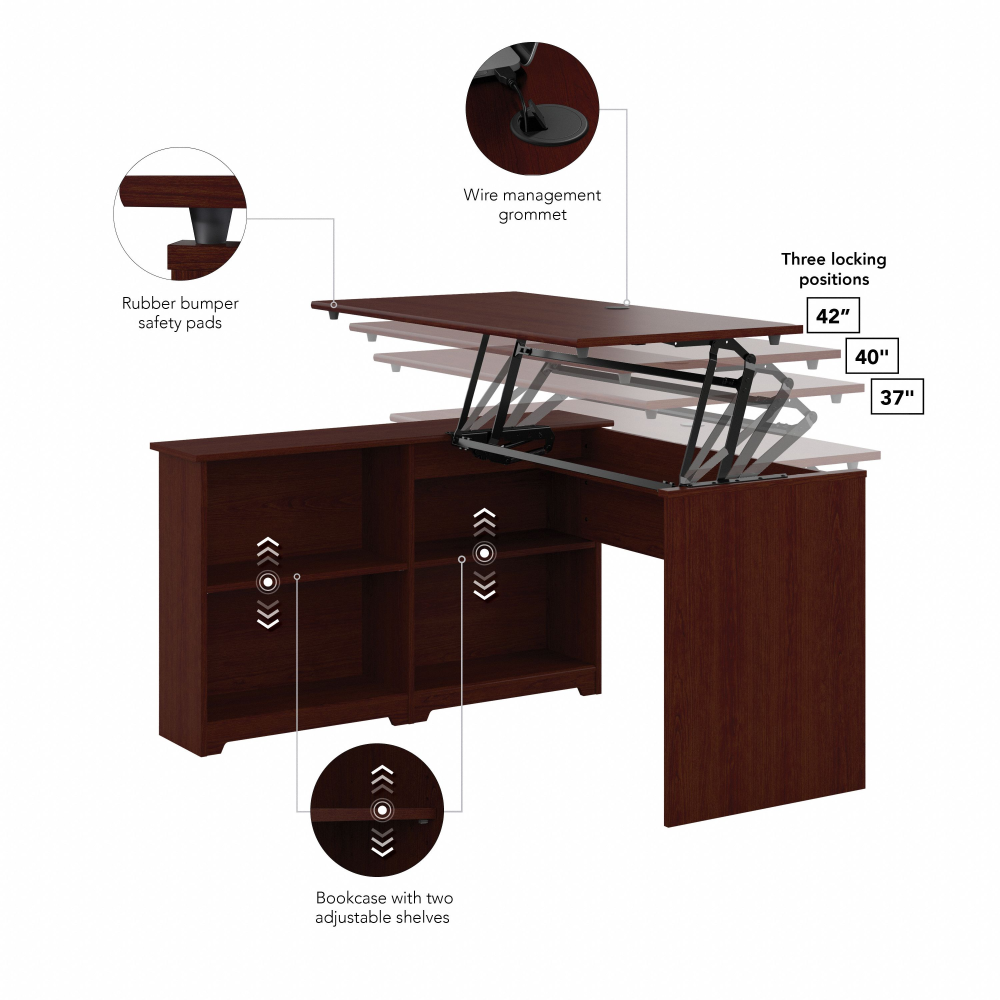 Shop Bush Furniture Cabot 52W 3 Position Sit to Stand Corner Bookshelf Desk, Image 08, WC31416-03, #color_harvest cherry