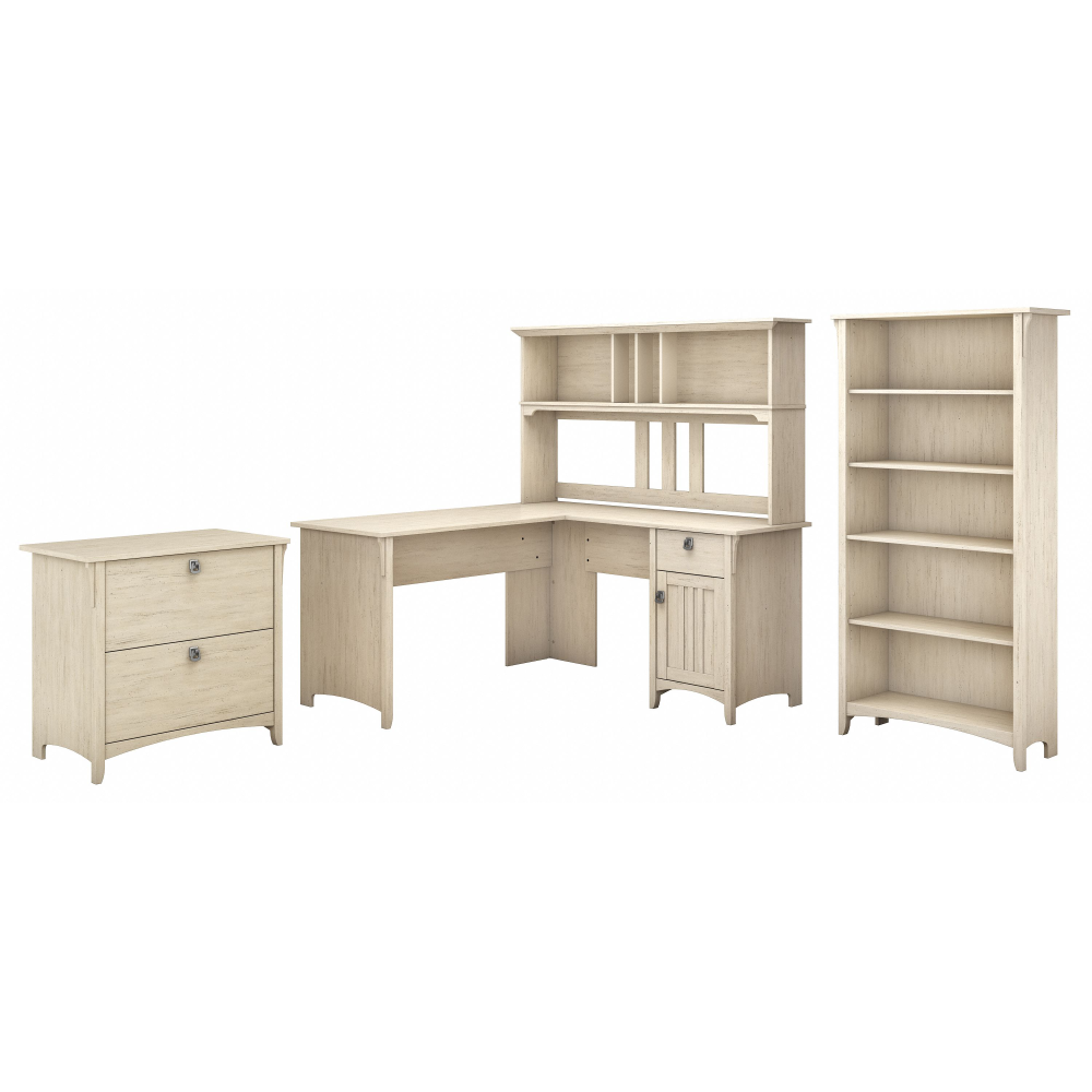 Shop Bush Furniture Salinas 60W L Shaped Desk with Hutch, Lateral File Cabinet and 5 Shelf Bookcase, Image 01, SAL007AW, #color_antique white