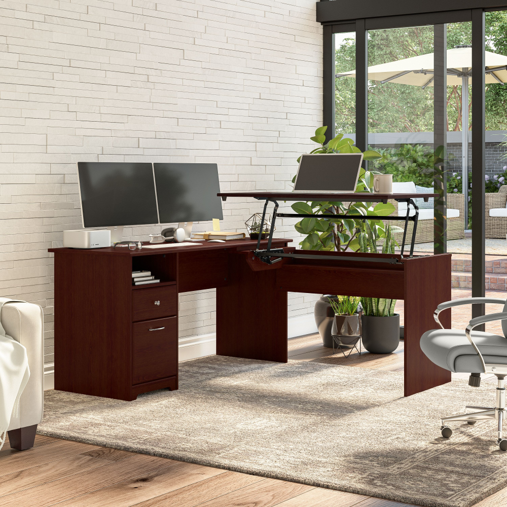 Shop Bush Furniture Cabot 60W 3 Position Sit to Stand L Shaped Desk, Image 02, CAB043HVC, #color_harvest cherry